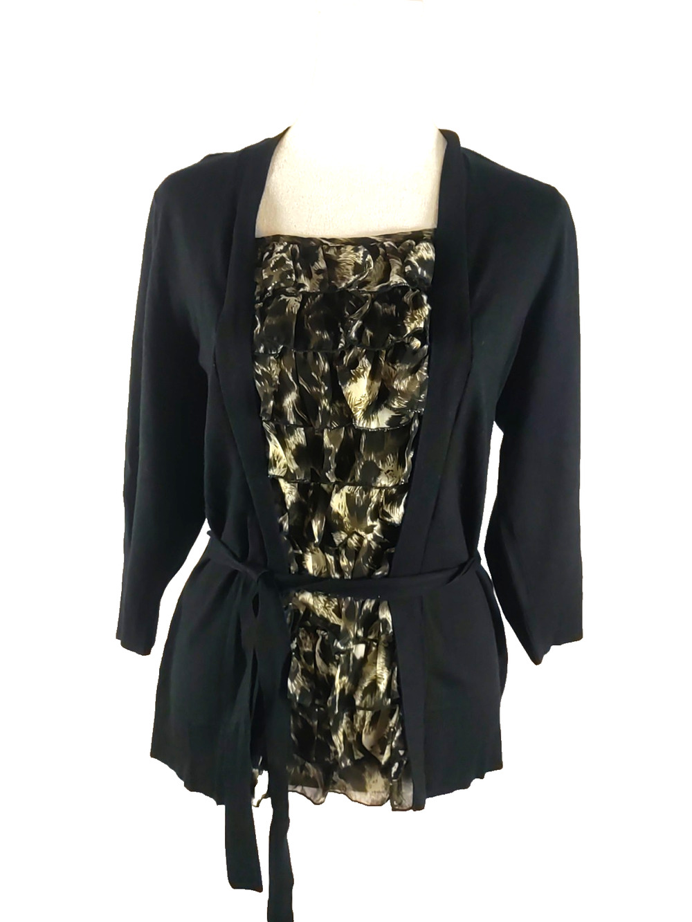 Chico's Women's Sweater Size 1 Medium Black Leopard Print Ruffle Quarter Sleeve